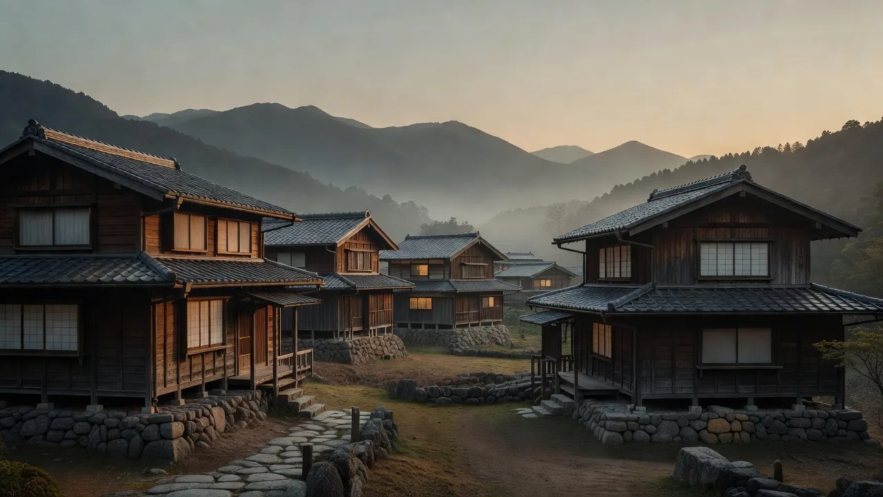 日本の農村の夕暮れ